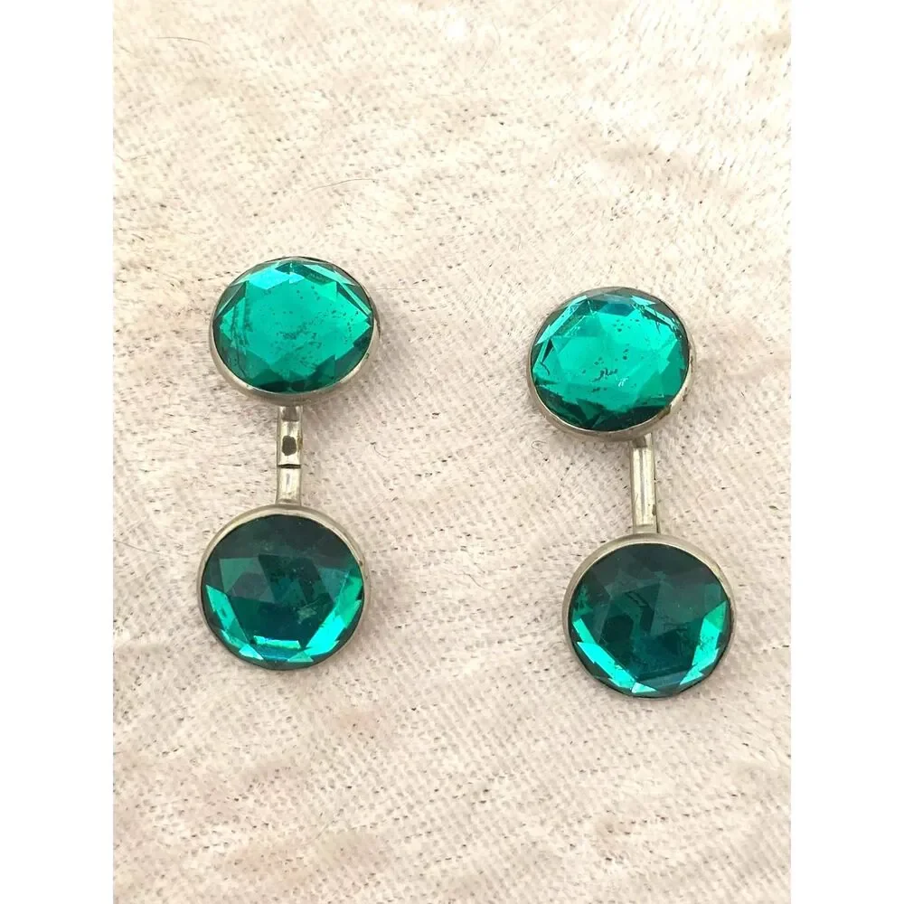 Vintage Green Glass Cufflinks Emerald Color Double Sided Silver Tone Unisex